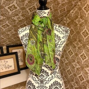 Vintage Silk Scarf with Green and Pink flowers and accents